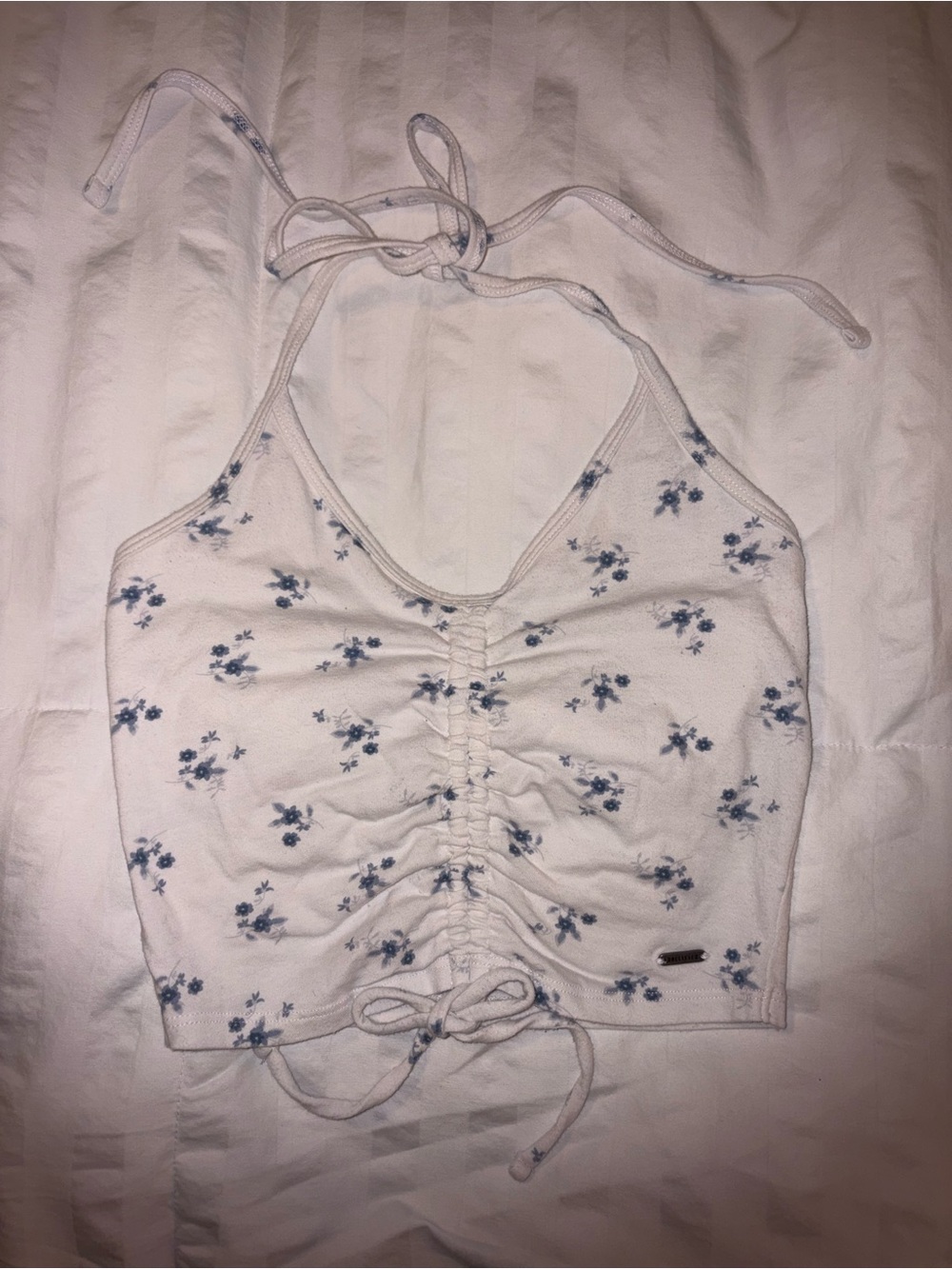 Hollister White Halter Crop Top with Blue Floral Print